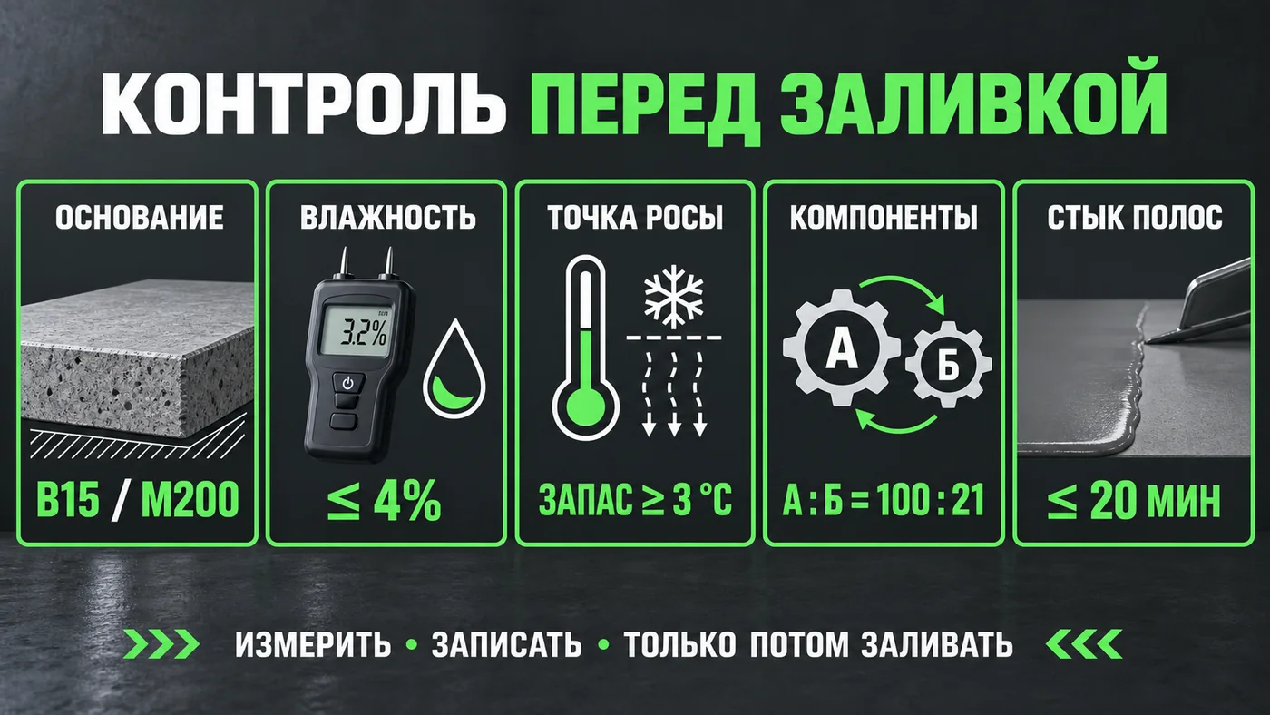Контроль основания, влажности, точки росы, компонентов и стыка полос перед заливкой